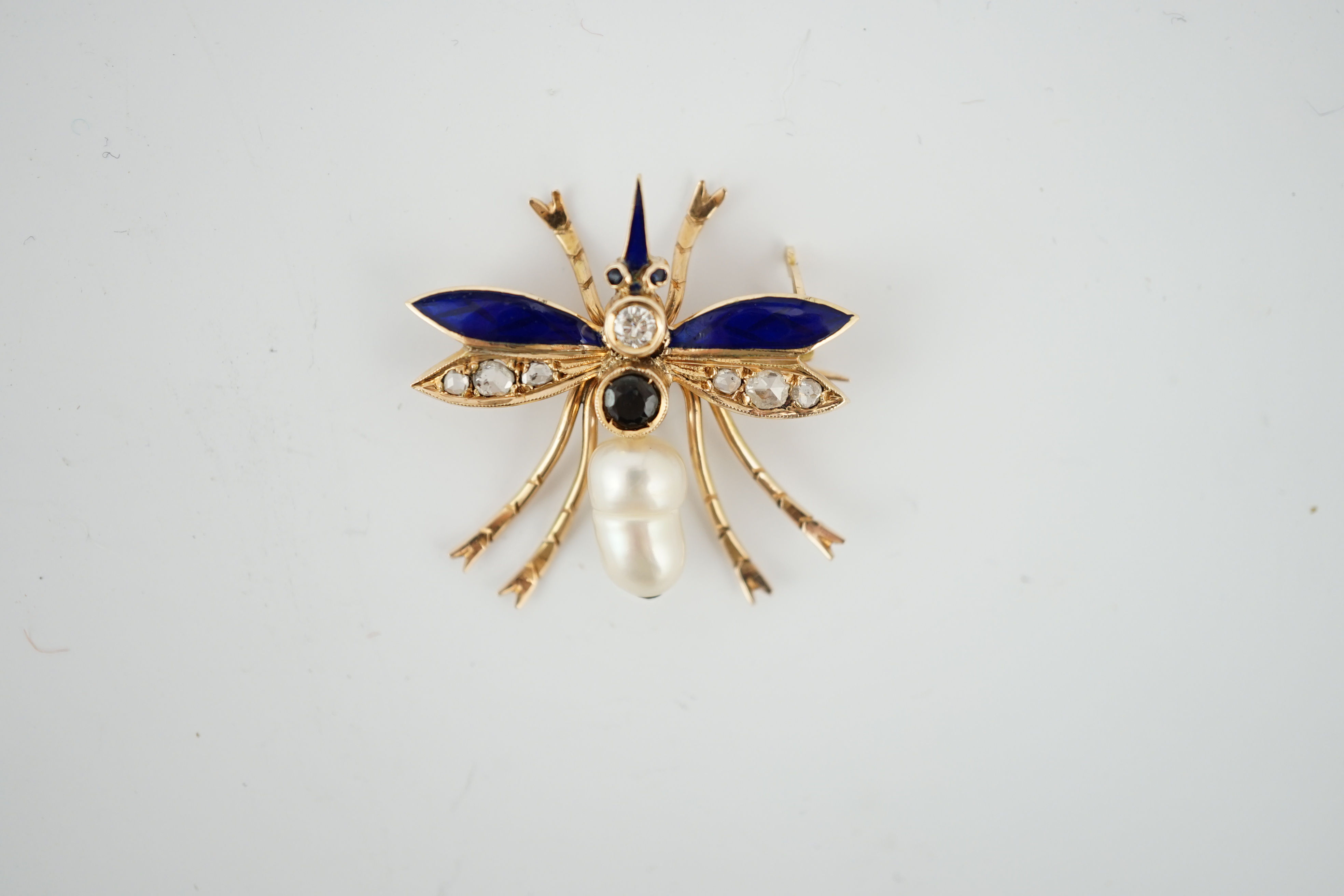 A Victorian style gold, baroque pearl, enamel, diamond and sapphire? set bug brooch